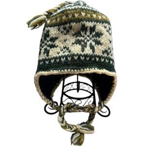 Vintage Nepali Knit 100% Wool Chullo Beanie Hat Youth Green Cream Fair Isle